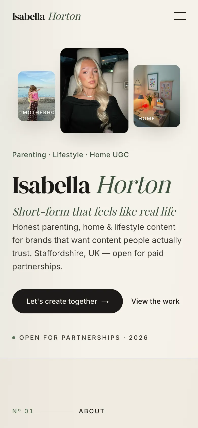 The same site on a phone, laid out in a single column.