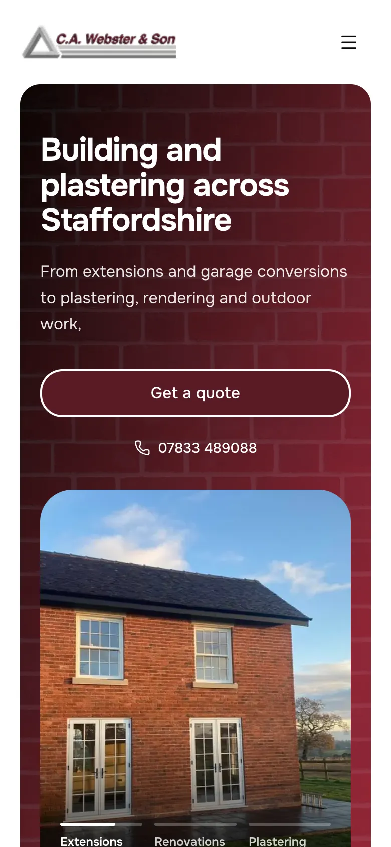 The same site on a phone, laid out in a single column.